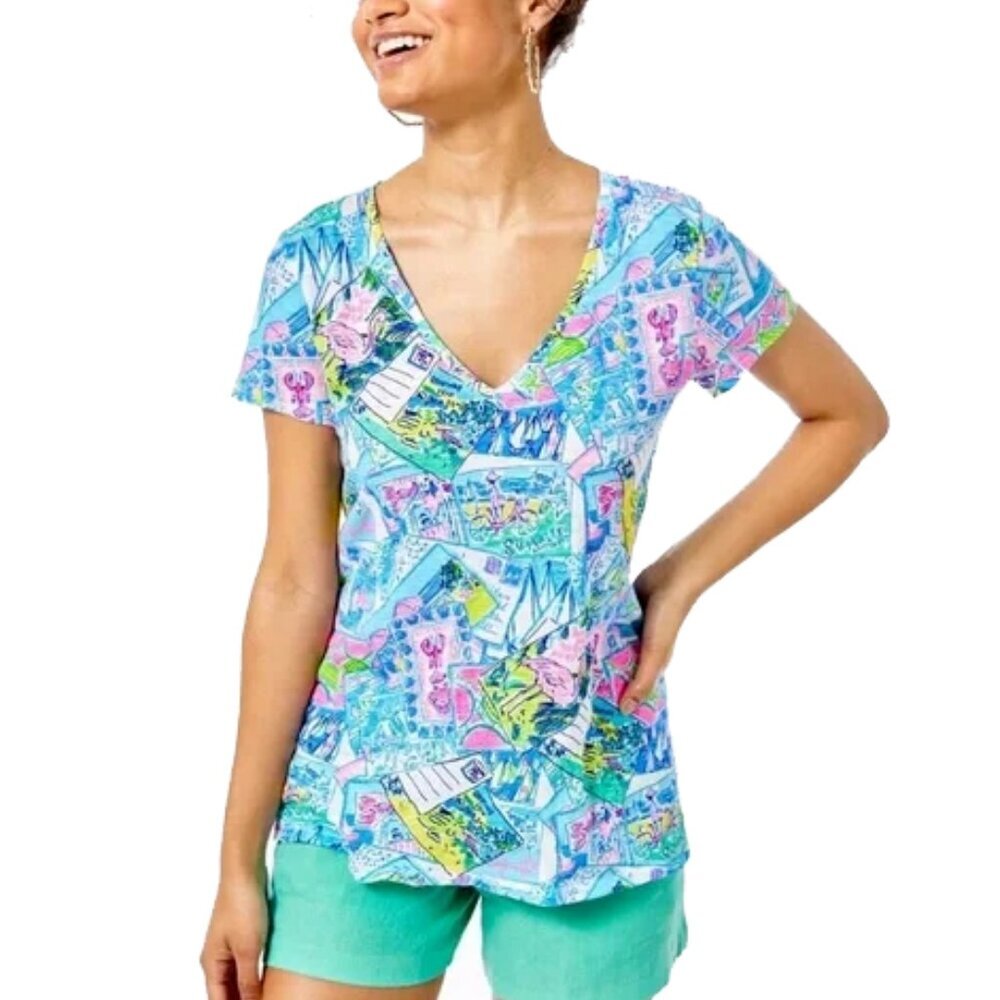 NWT Lilly Pulitzer Etta I Wish You Were Here Multi V Neck Tee Shirt